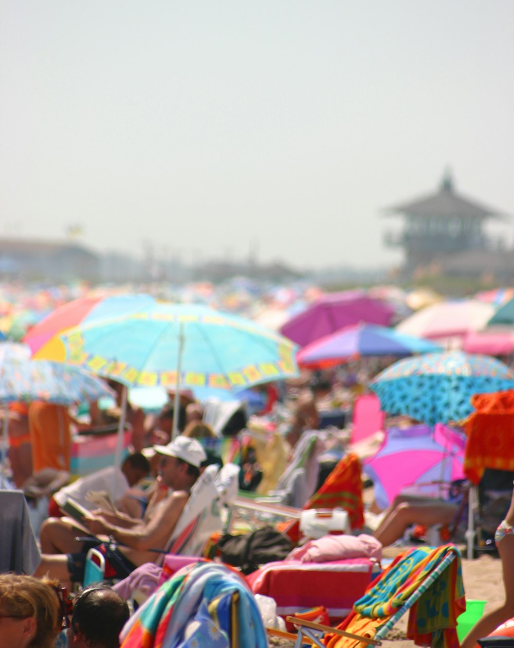 a crowd of people sit under umbrellas at a beach