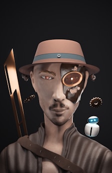 A surreal portrait of a person with robotic and steampunk elements. The figure wears a brown hat and has mechanical features integrated into their face, including a clockwork eye and metallic components. A small robot with a blue eye floats beside the figure.