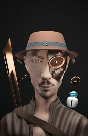 A surreal portrait of a person with robotic and steampunk elements. The figure wears a brown hat and has mechanical features integrated into their face, including a clockwork eye and metallic components. A small robot with a blue eye floats beside the figure.