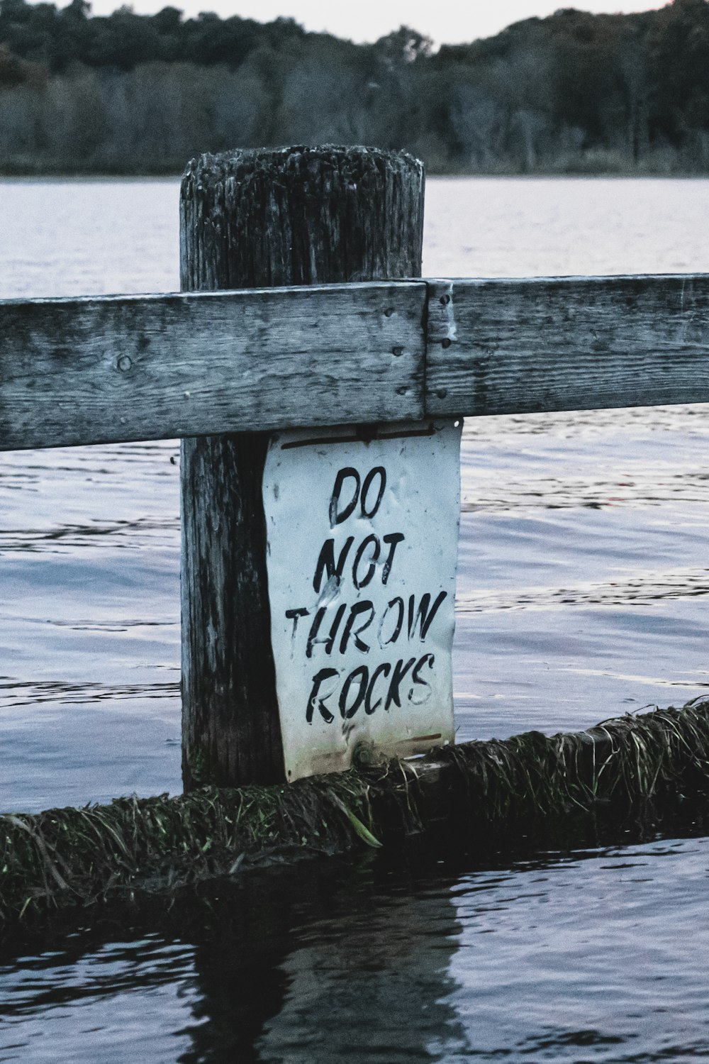 a sign on a wooden post in the water