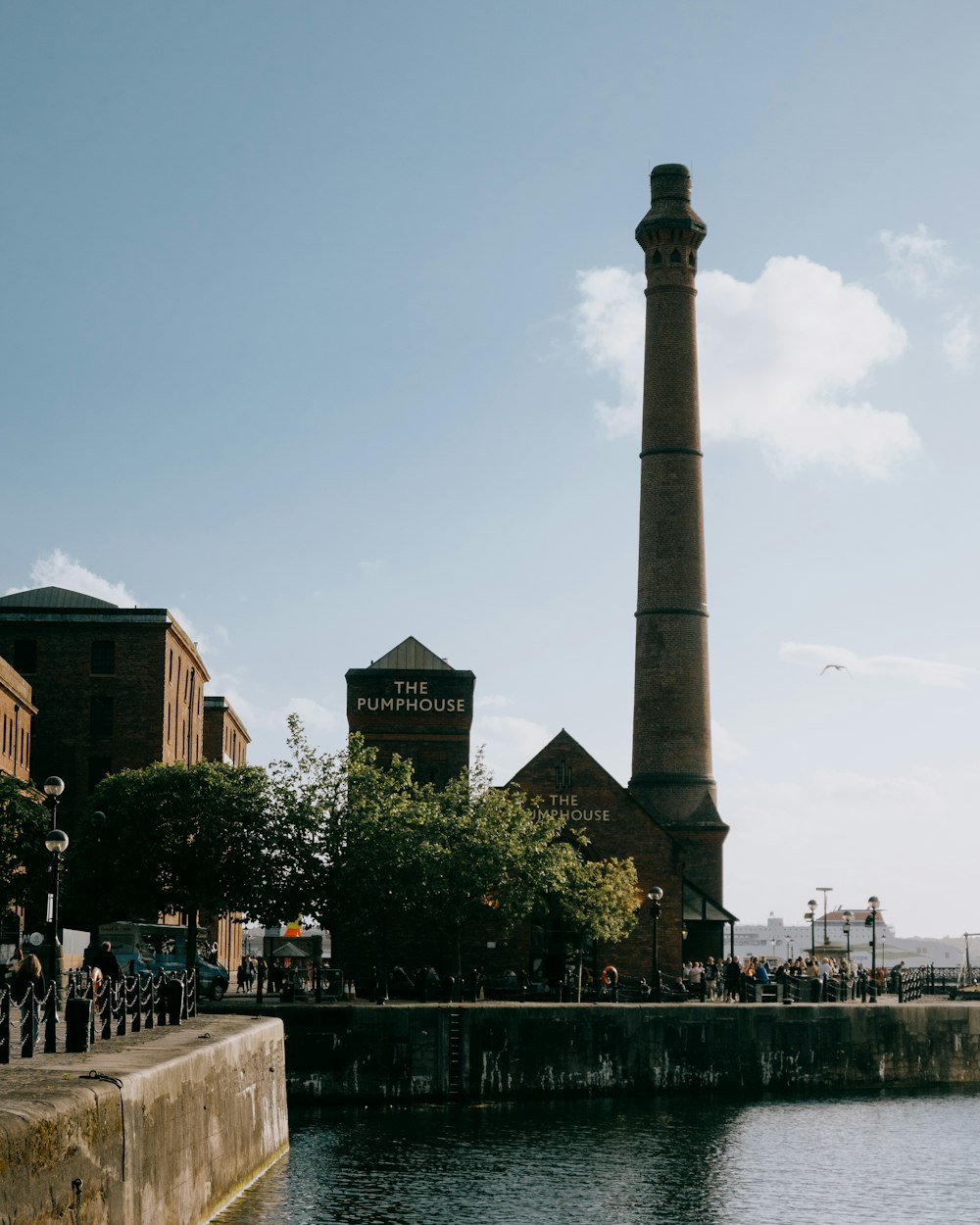 a tall tower by a river