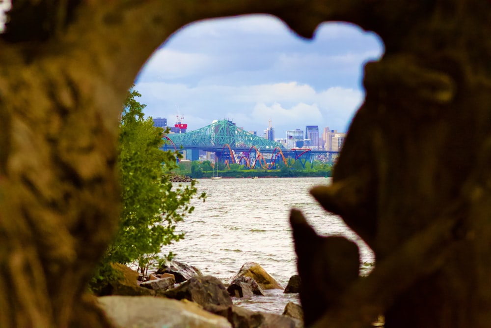 a view of a city from a cave