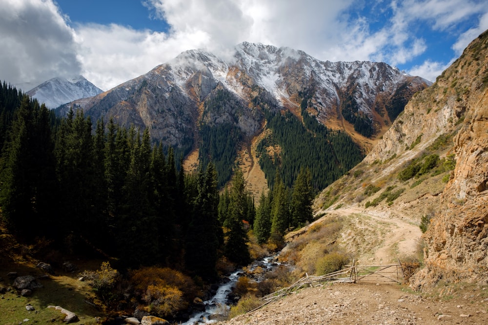 a river running through a valley between mountains