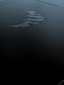 A sleek, dark metallic surface featuring an engraved logo of a stylized phoenix. The lighting is subdued, creating shadows and a moody ambiance.