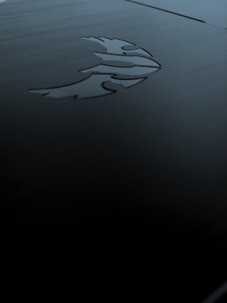 A sleek, dark metallic surface featuring an engraved logo of a stylized phoenix. The lighting is subdued, creating shadows and a moody ambiance.
