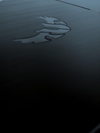 A sleek, dark metallic surface featuring an engraved logo of a stylized phoenix. The lighting is subdued, creating shadows and a moody ambiance.