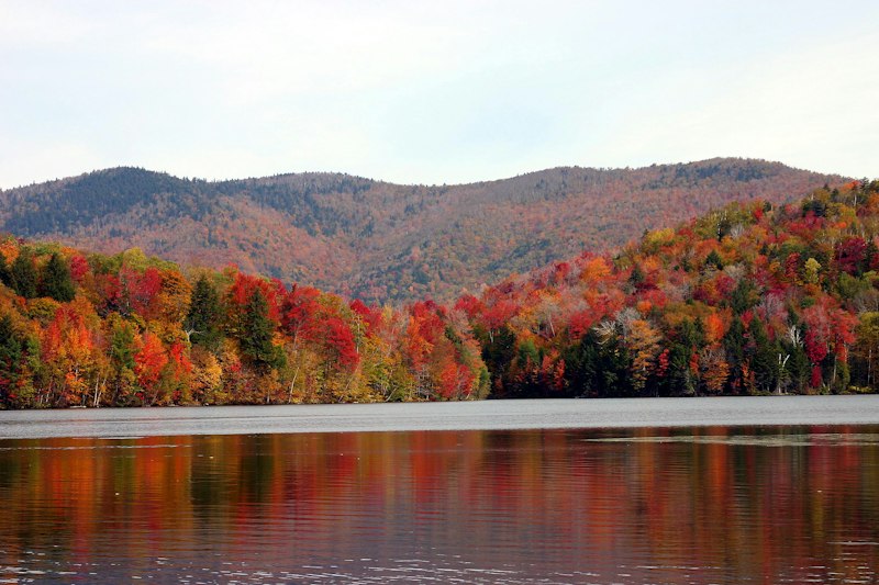 Red, orange, and yellow maples lining the far shore of a calm pond with rounded green mountains behind, the color mirrored in the water