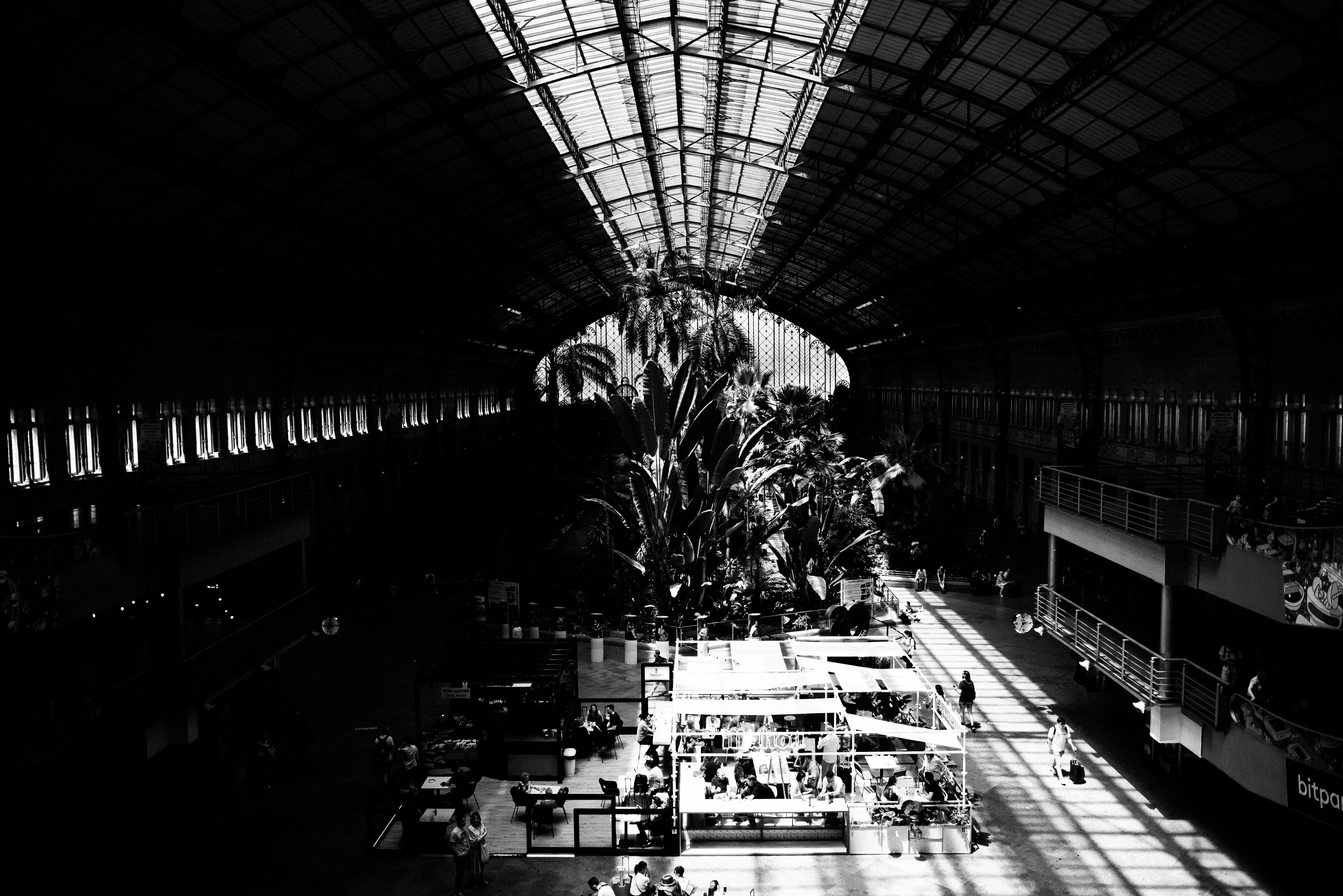 a large room with a large tree and people in it