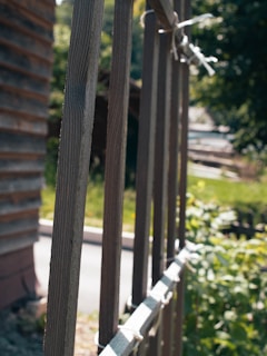 Wooden fence posts with visible grain and texture leading into the background, partially in focus. In the backdrop, there are blurred elements of greenery and what appears to be a building, giving a sense of an outdoor setting.