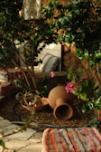 A cozy outdoor setting featuring lush greenery with a variety of plants. A large clay pot lies on the ground, next to a wooden bowl containing decorative items. A lantern hangs above within the branches. Colorful striped textiles are placed on the ground, with a striped cushion leaning against a white wooden bench. Pink flowers add a touch of color against the natural stone and green leaves.