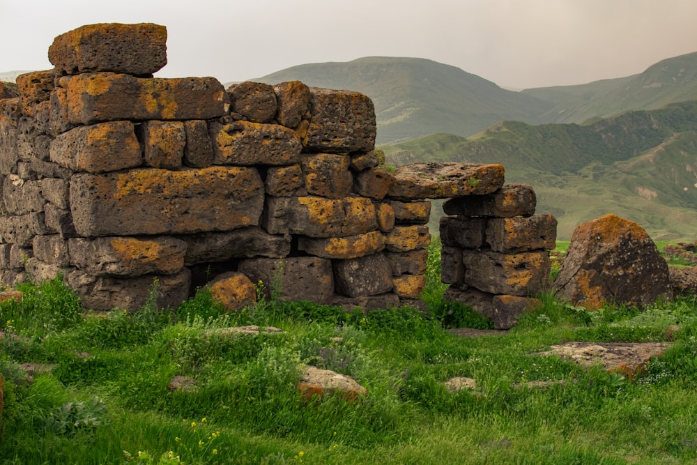 un muro de piedra con hierba y rocas
