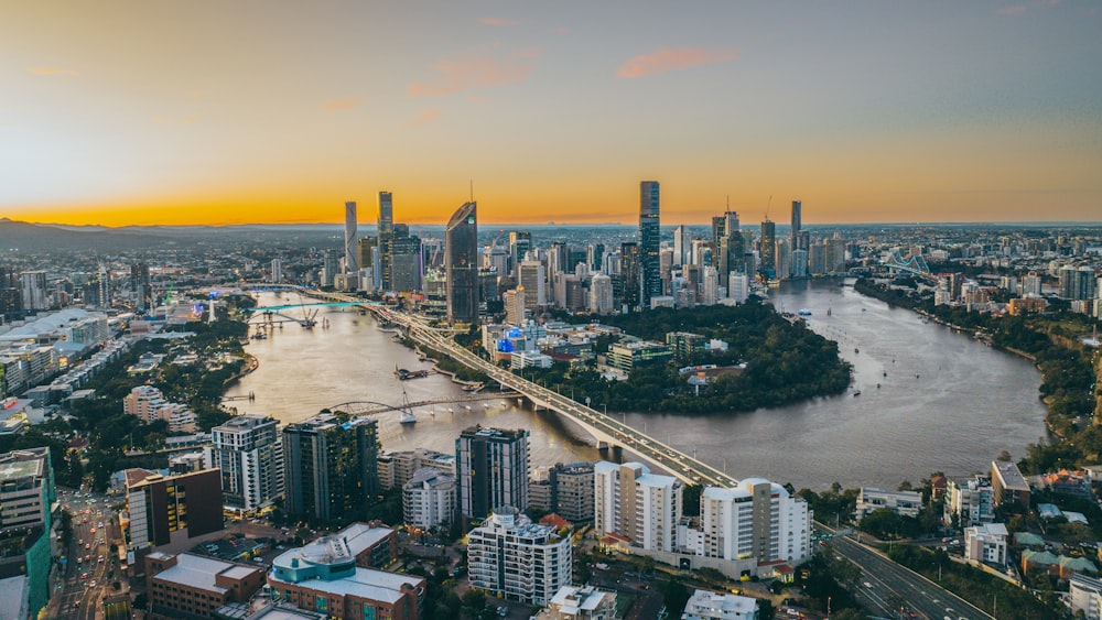 a river with a city in the background