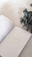 An open monthly planner lies on a smooth, neutral-colored surface. The pages contain sections for key reminders, goals, and tasks to complete. A branch of eucalyptus leaves is placed beside the planner, adding a touch of greenery and natural texture.
