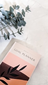 A stylish planner labeled 'Goal Planner' rests on a marble surface. The planner has an elegant design with a pastel pink and peach cover featuring minimalistic black leaf illustrations. Adjacent to the planner is a sprig of dried eucalyptus, adding a natural, calming touch to the scene.