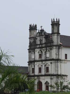 a white building with a tower