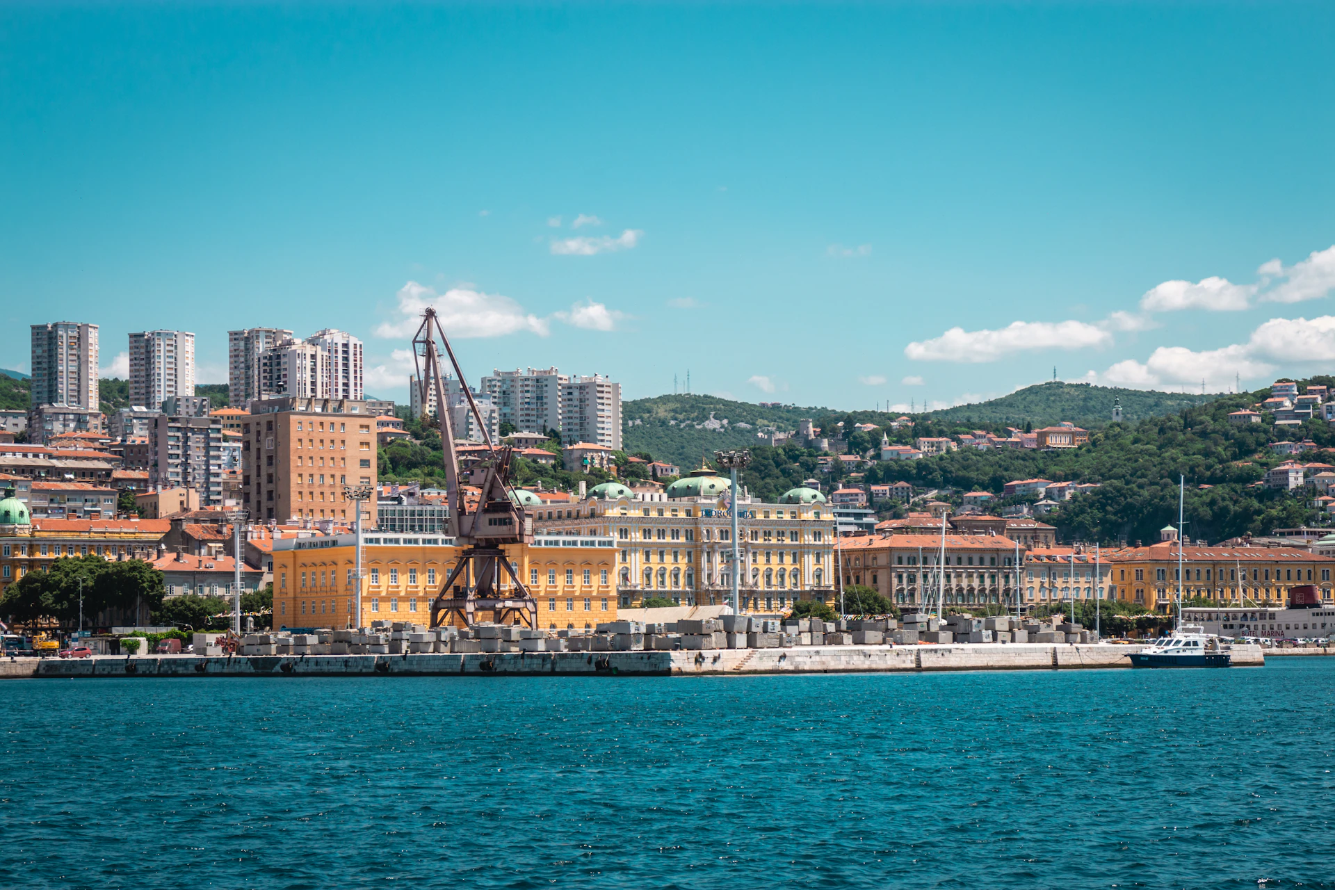 Rijeka’s harbour and waterfront buildings beside the Adriatic Sea