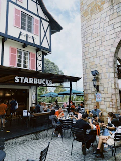Customers enjoying their coffee at an outdoor seating area of a branch.