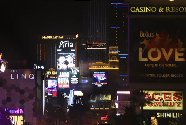 Nighttime Las Vegas skyline with glowing lights symbolizing business growth and opportunity.