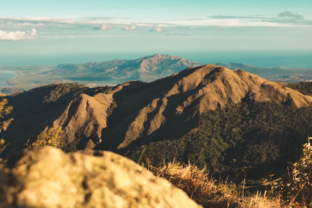 a mountain range with a valley below