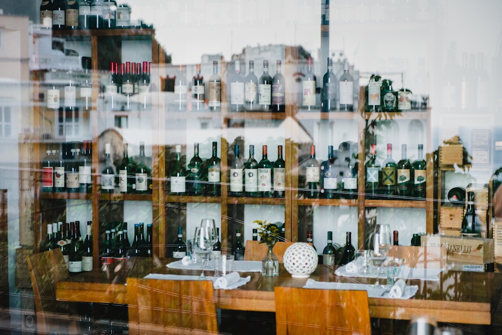 a bar with many bottles of wine