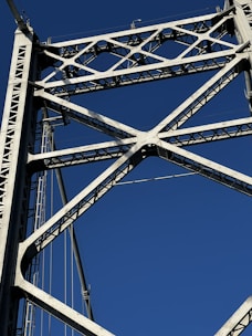 A close-up view of a steel bridge's structural framework against a clear blue sky. The intricate lattice of beams forms a geometric pattern, highlighting the engineering and design of the bridge.