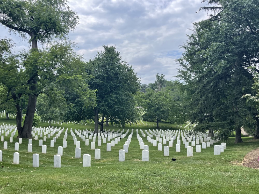 a cemetery with many white headstones