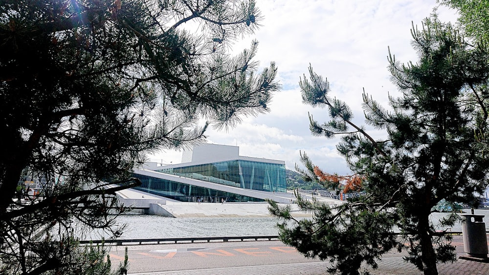 a building with trees around it