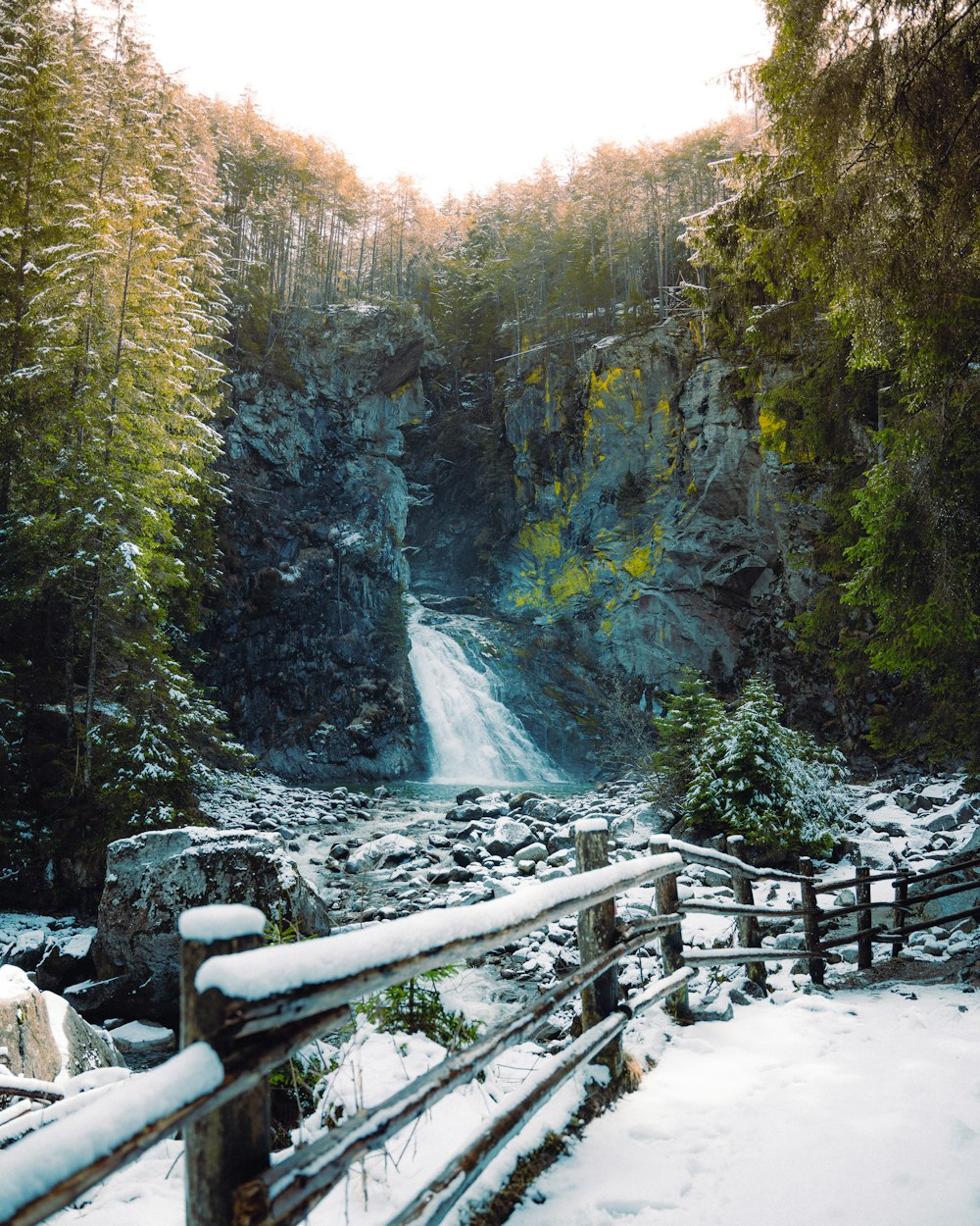a waterfall in a snowy place