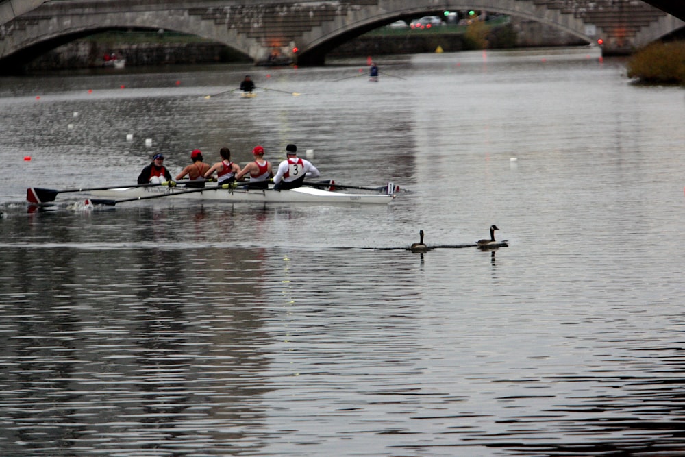 a group of people rowing a boat