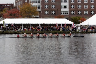 a group of people rowing a boat