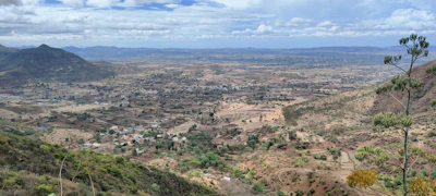 Panoramic view of a quiet valley with scattered desert shrubs.
