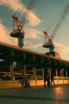 a group of people standing on a bridge with cranes