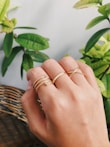 A hand adorned with multiple gold rings, each designed with a minimalist aesthetic, held up against a backdrop of lush green leaves. The rings are simple yet elegant, with one featuring a crisscross pattern and the others having round embellishments. The natural light highlights the shine of the jewelry and the texture of the leaves.