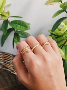 A hand adorned with multiple gold rings, each designed with a minimalist aesthetic, held up against a backdrop of lush green leaves. The rings are simple yet elegant, with one featuring a crisscross pattern and the others having round embellishments. The natural light highlights the shine of the jewelry and the texture of the leaves.