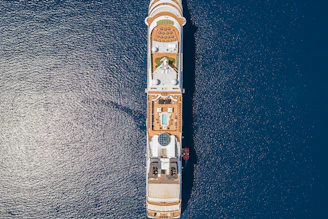 A panoramic view of a luxury cruise ship cutting through deep blue ocean waves.