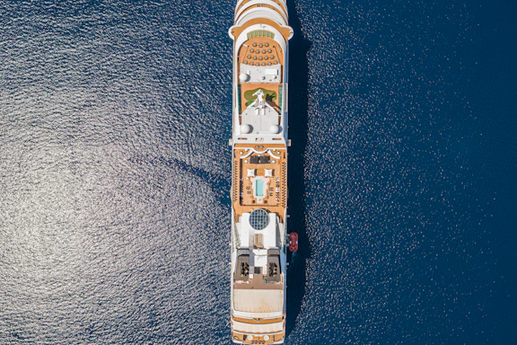 An overhead view of a large cruise ship sailing on deep blue ocean waters. The ship's top deck features rows of lounge chairs, a swimming pool, a circular glass dome structure, and various recreational areas. The symmetry and layout of the ship are clearly visible from this angle.