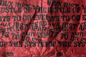 A wrinkled poster with overlapping, bold black text on a red background. The text appears distressed and chaotic, with phrases such as 'HUSTLE OF THE SYSTEM' and other fragmented words, suggesting a theme of defiance or chaos.