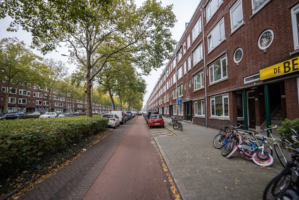 a row of bicycles parked on the side of a street