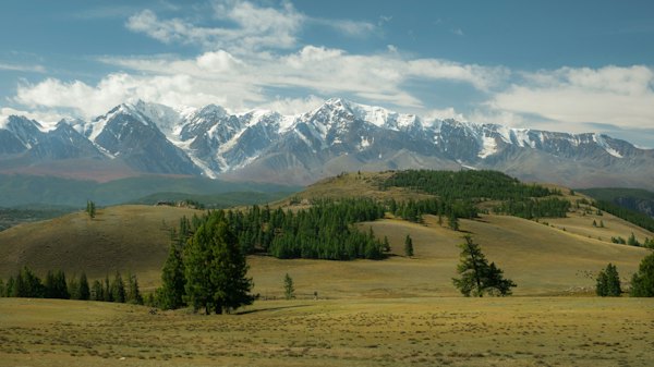 Snow-capped mountains beyond the steppe — Altai, Russia