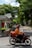 A person riding a motorcycle is captured in motion along a tree-lined urban street. The motorcycle is equipped with a large orange delivery box, and the rider is wearing a matching orange jacket and helmet. On the left, a covered sidewalk or pedestrian area is visible, and traffic cones are placed beside it. Tall trees with lush green foliage provide shade and a serene backdrop to the scene.