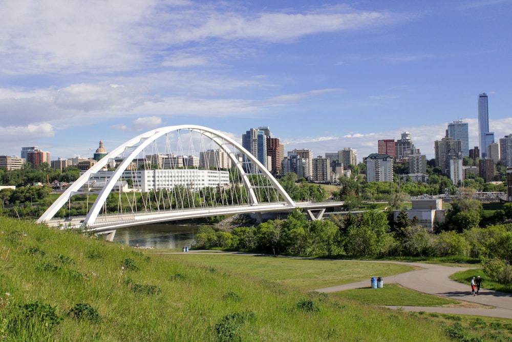 a bridge over a river with a city in the background