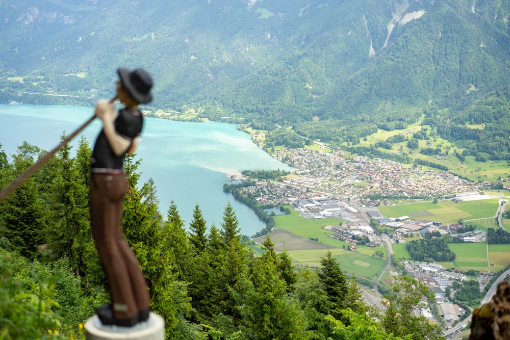 a person standing on a ledge overlooking a town and a lake