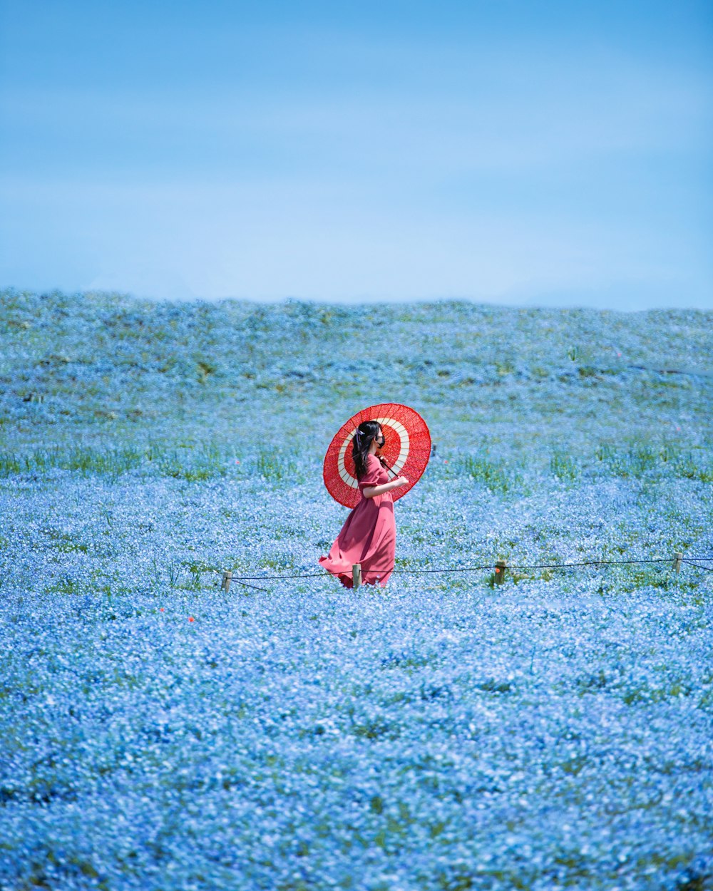 Una persona con un vestido rosa sosteniendo un corazón rojo y blanco en un campo de flores azules