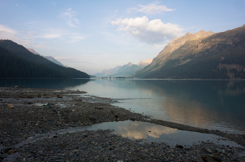 a lake with mountains in the background