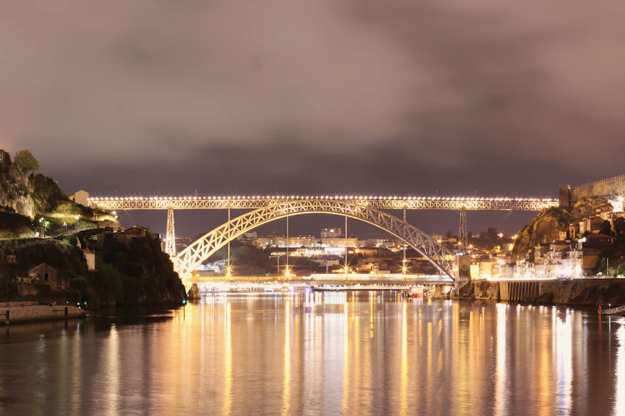 Long exposure of Dom Luís I Bridge lights reflecting on the Douro River at night