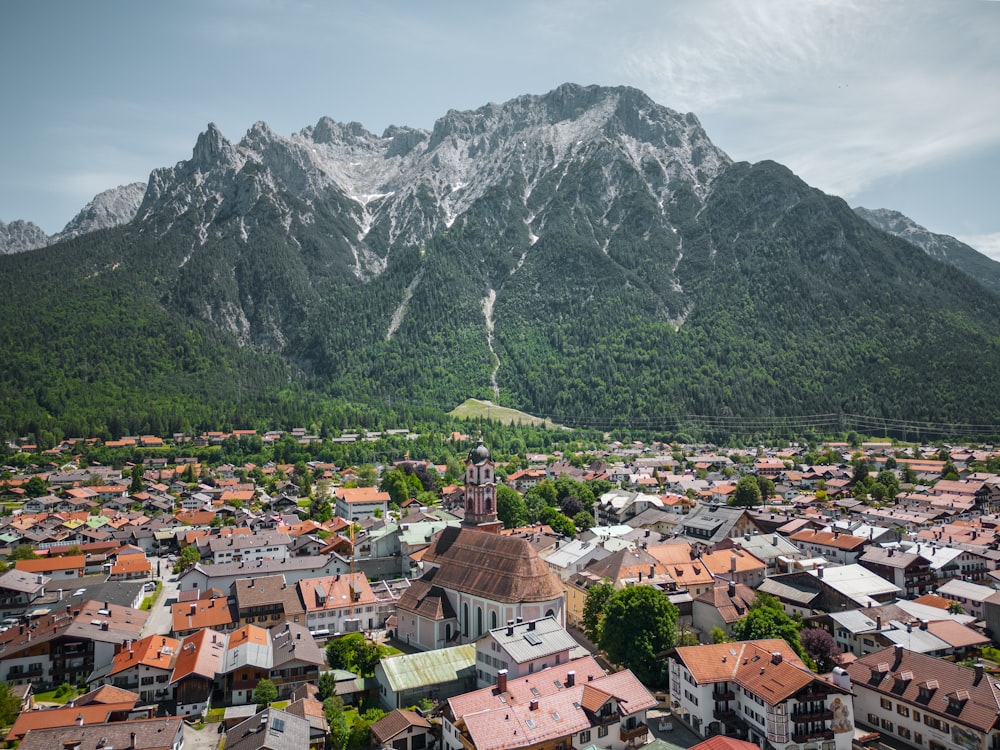 a city with a mountain in the background