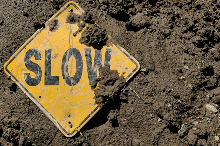 Weathered yellow SLOW road sign lying in mud