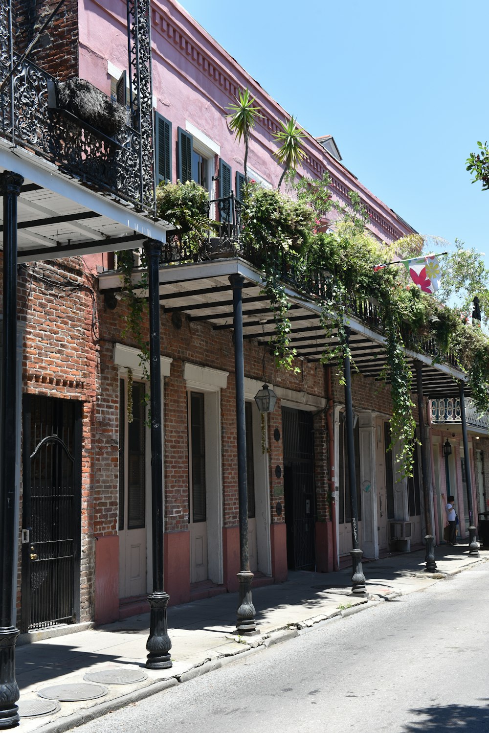 a row of buildings with plants growing on the roof