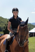 A person wearing a helmet and riding attire sits confidently on a brown horse, which is equipped with a bridle and ear covers. The background features a green landscape and a bright blue sky with scattered clouds.