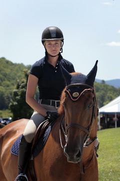 A person wearing a helmet and riding attire sits confidently on a brown horse, which is equipped with a bridle and ear covers. The background features a green landscape and a bright blue sky with scattered clouds.